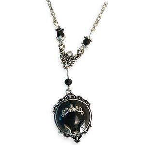 Gothic Bat Charm Black Stone Pendant Necklace Silver Tone Chain 22" Witchy Party